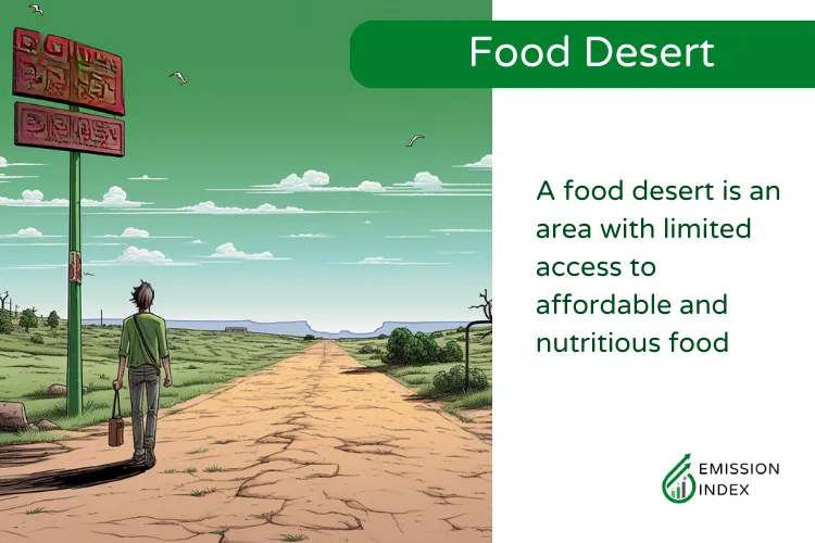 A conceptual illustration depicting a ‘Food Desert,’ showing a lone individual walking down a long, barren road away from a dilapidated sign for a grocery store, which symbolizes the scarcity of accessible, nutritious, and affordable food options in certain areas.