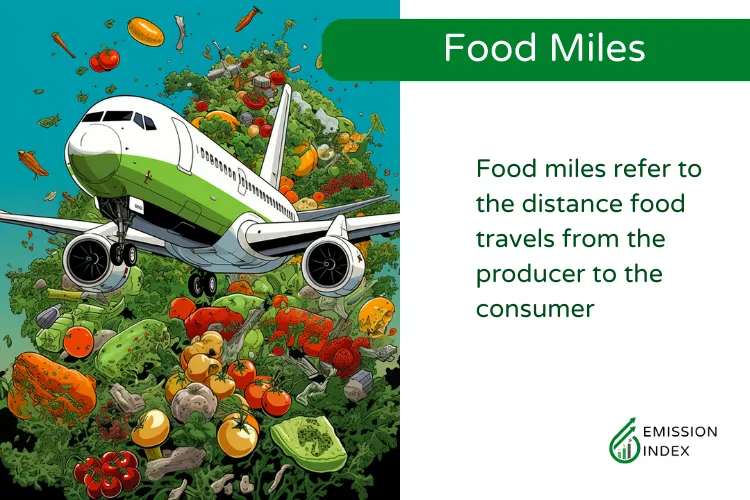 Illustrative concept of ‘Food Miles’ showing an airplane flying over a pile of assorted fruits and vegetables, indicating the environmental impact of transporting food across large distances from producer to consumer.
