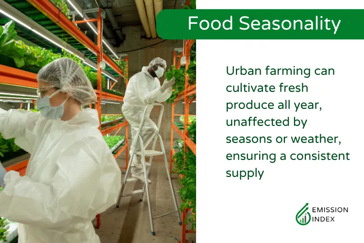 A controlled environment urban agriculture facility highlighting ‘Food Seasonality.’ Technicians in protective clothing tend to plants on vertical farms, exemplifying how urban farming can produce fresh food all year round, irrespective of seasonal changes.