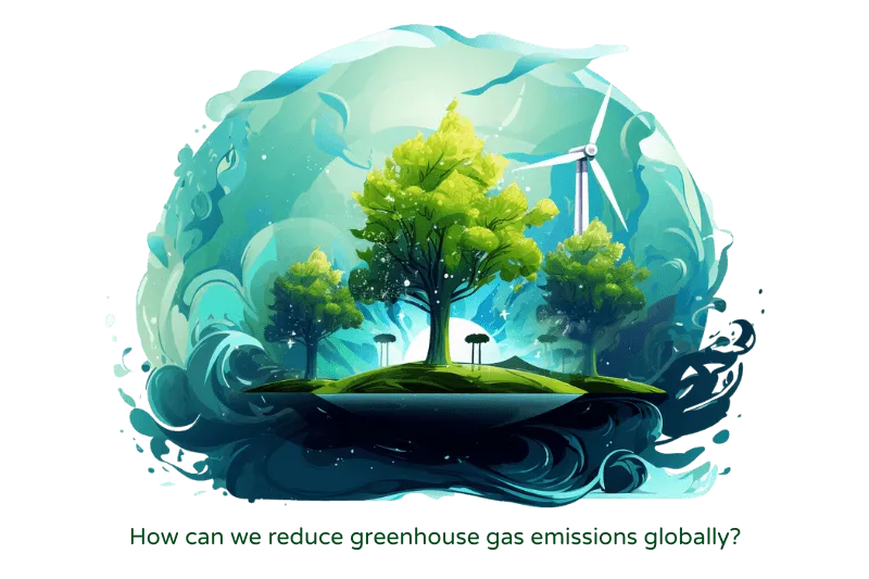 An artistic illustration poses the question ‘How can we reduce greenhouse gas emissions globally?’ at the bottom. It features a vibrant, floating island with lush green trees and a single wind turbine against a backdrop of swirling blue and green air currents, symbolizing clean energy and a healthy environment.