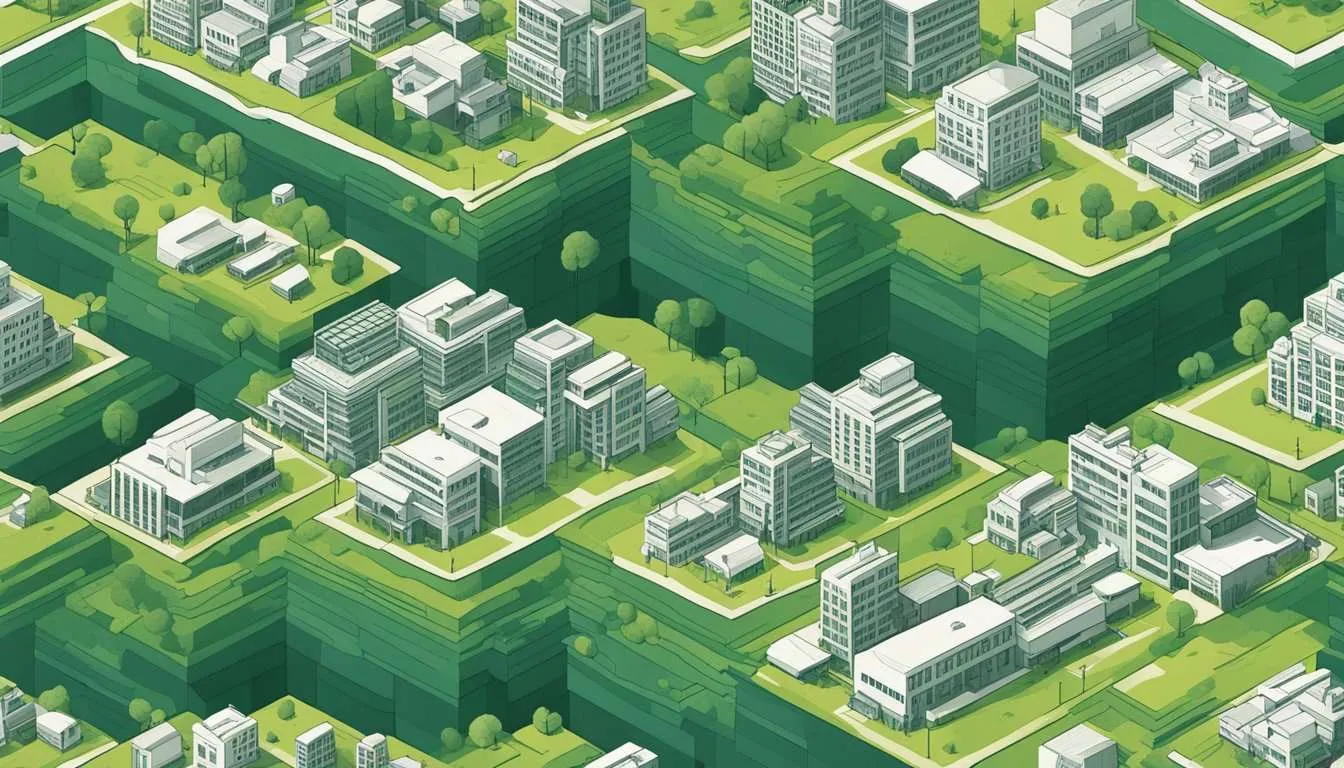 A bustling city with construction sites, deforested hills, and exposed soil. Heavy machinery and urban development contribute to erosion