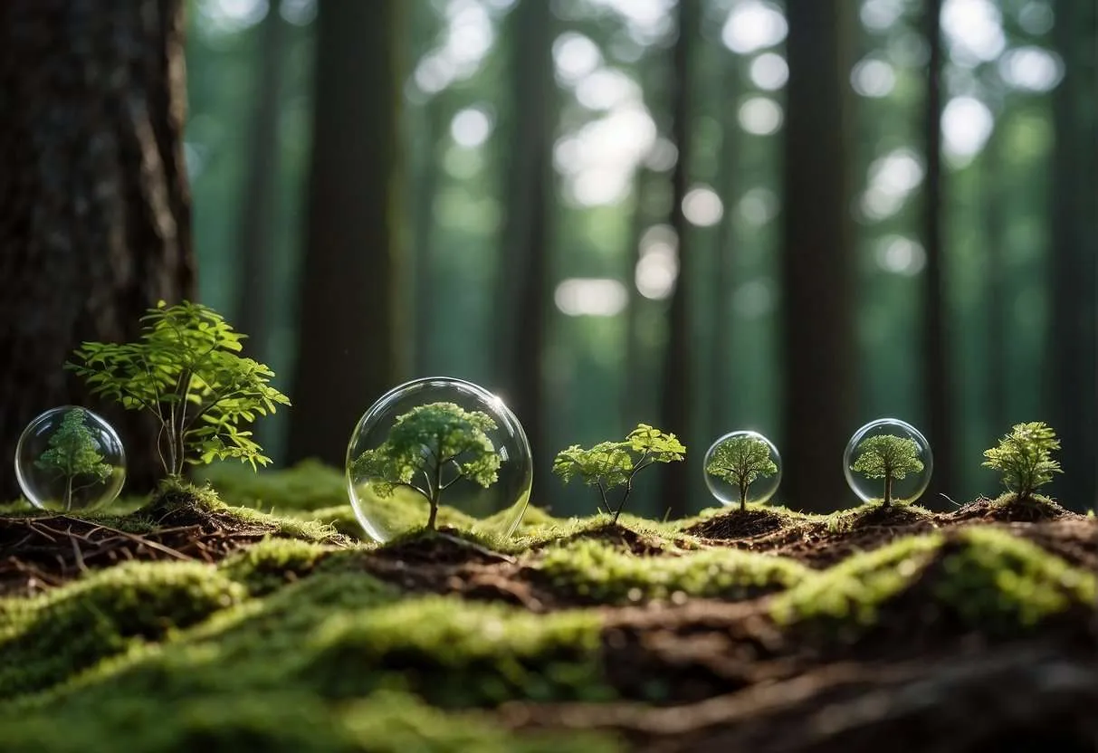 Young saplings are encased in transparent bubbles on a lush forest floor, symbolizing protection and fragility of new growth in a woodland setting.