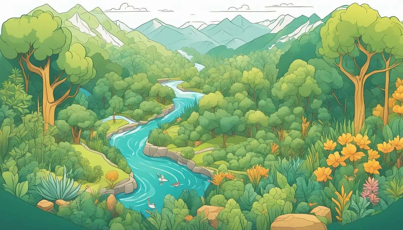 A lush, diverse landscape with clean water flowing through it, surrounded by thriving wildlife and healthy vegetation, showcasing the benefits of PES