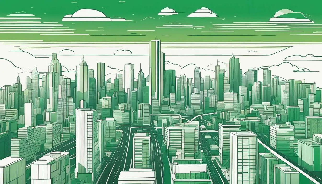The city skyline under a hot sun, with buildings and roads radiating heat.