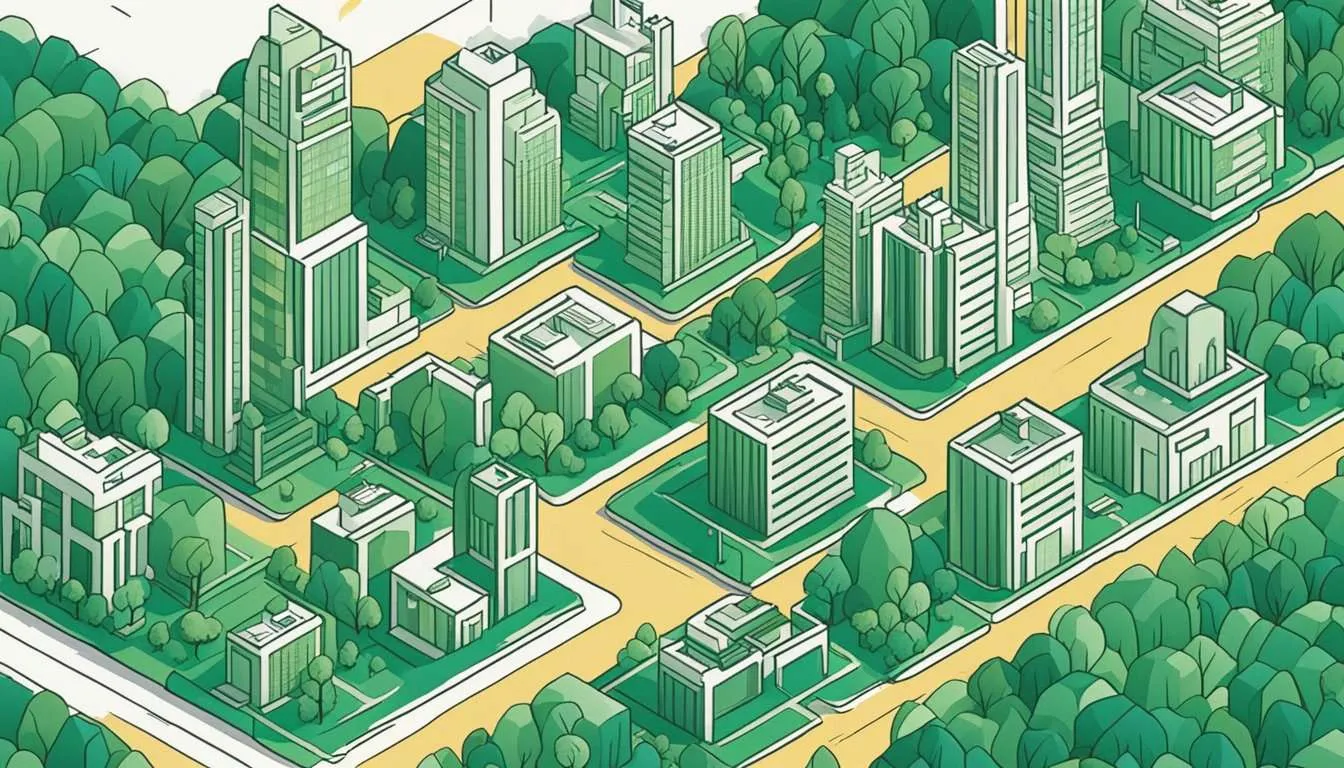 A city skyline with buildings surrounded by parks and green spaces to counter the urban heat island effect