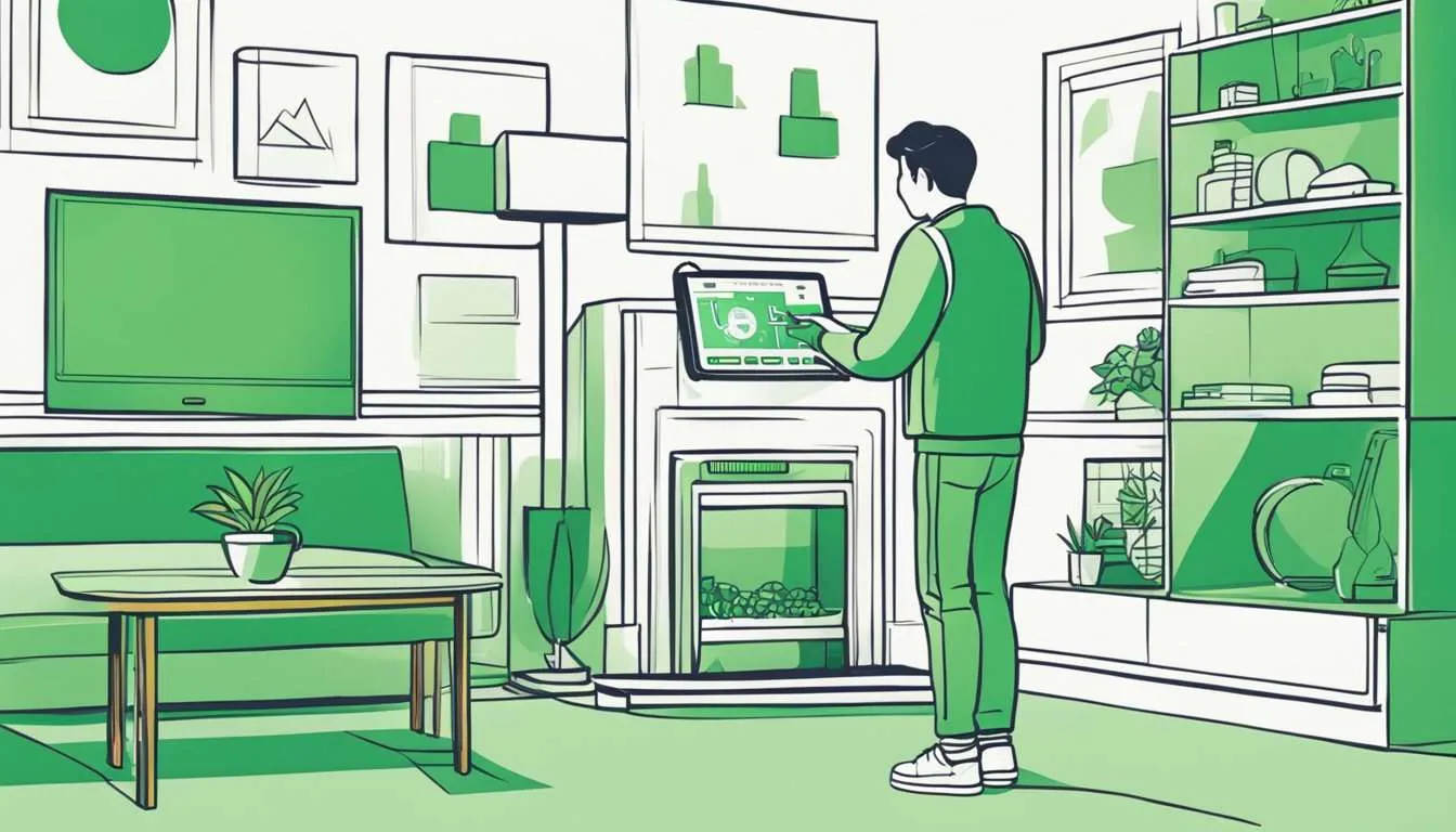 A person setting up an indoor air quality monitor in a living room, checking the display for pollutants and adjusting the settings