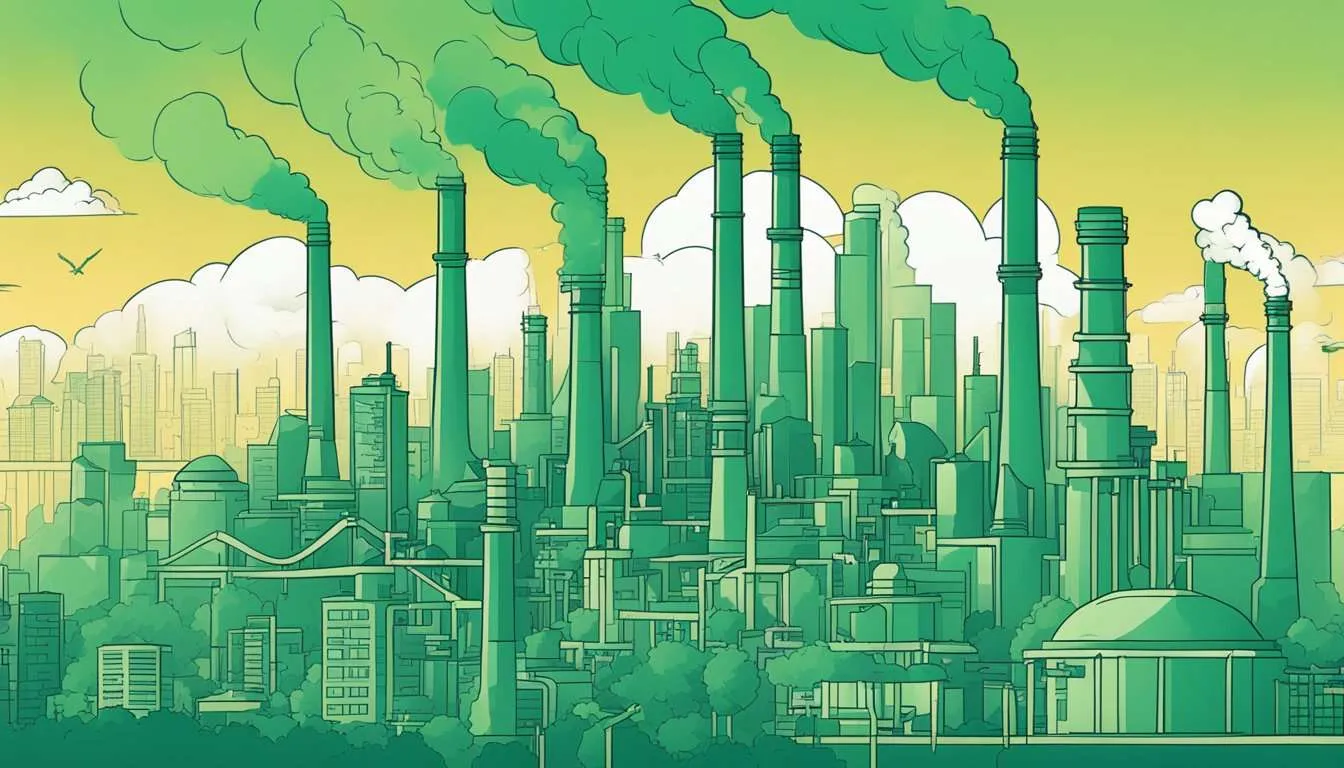 A city skyline with smokestacks emitting pollution (location-based) and a graph showing emissions trading (market-based)