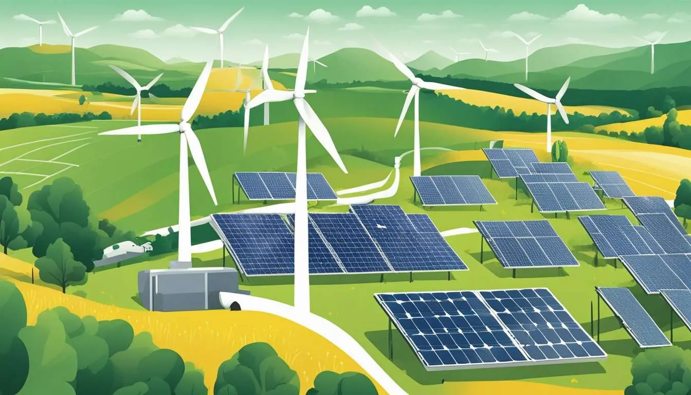 A wind turbine and solar panels stand in a field