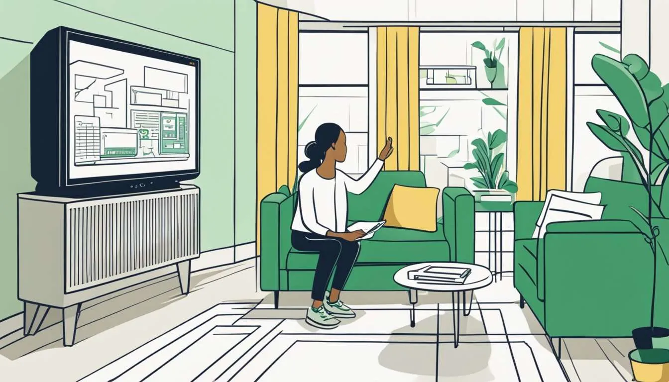 A person sets up a monitor in a living room. The monitor measures indoor air quality. The person reads a buying guide for home air quality monitors