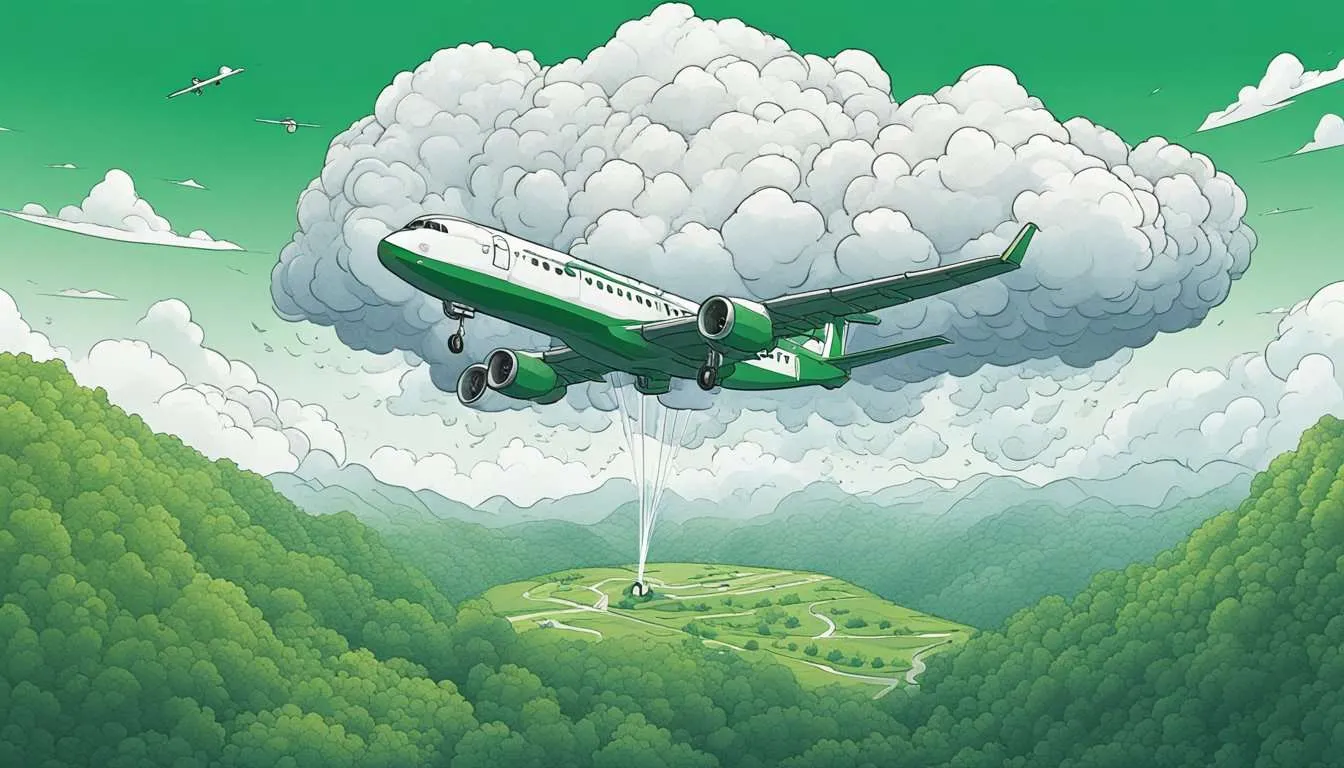 Cloud seeding: a plane disperses silver iodide into a cloud, causing precipitation. A target area below the cloud shows dry, parched land transforming into lush, green vegetation