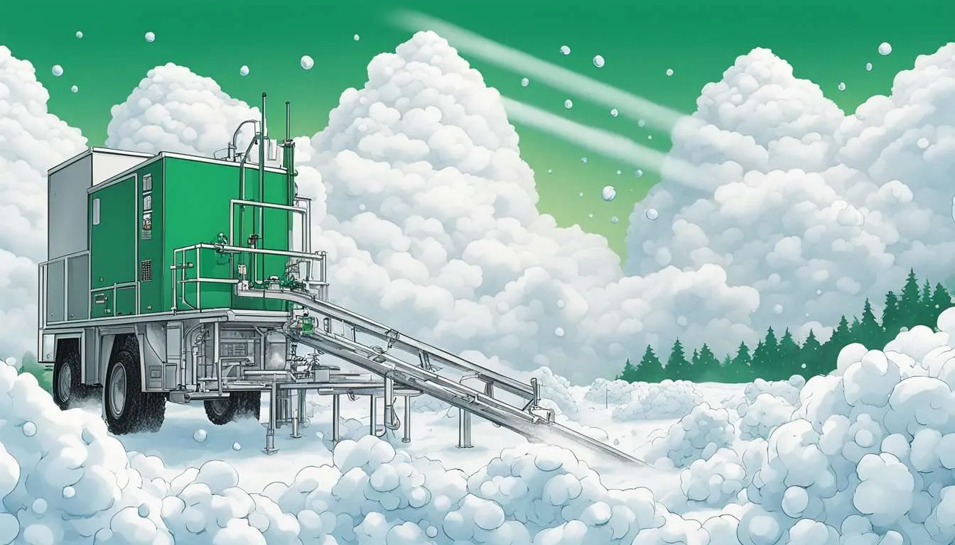 Thick clouds loom over a mountainous landscape as a plane releases silver iodide or dry ice into the atmosphere, triggering the process of cloud seeding