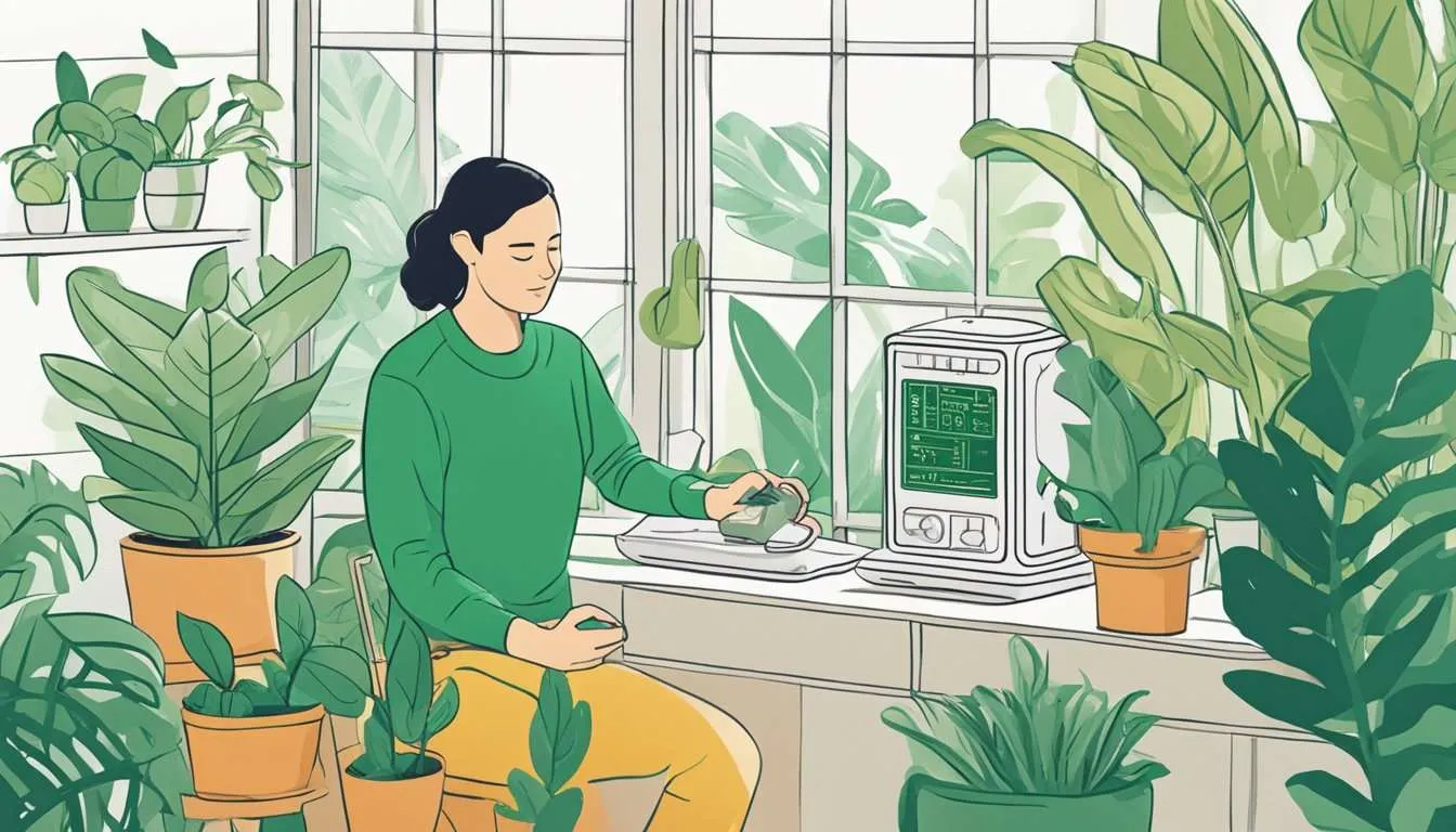 A person setting up an indoor air quality monitor in a well-ventilated room, with plants and natural light in the background