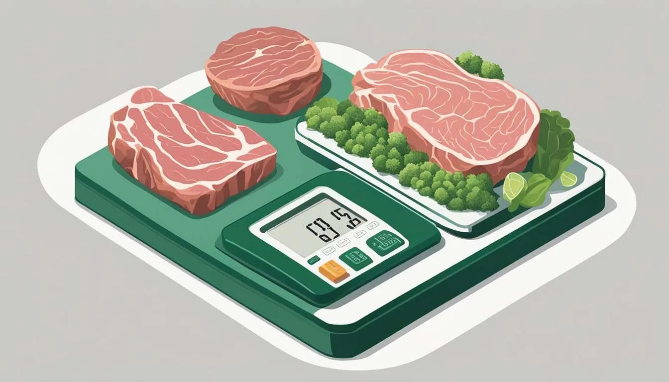 A scale weighing various meats, with the least sustainable meat being highlighted or placed at the bottom