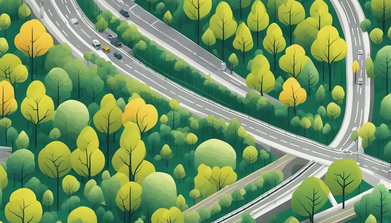 Infrastructure projects clear trees, leaving barren land. Roads, buildings, and power lines replace lush forests, leading to deforestation
