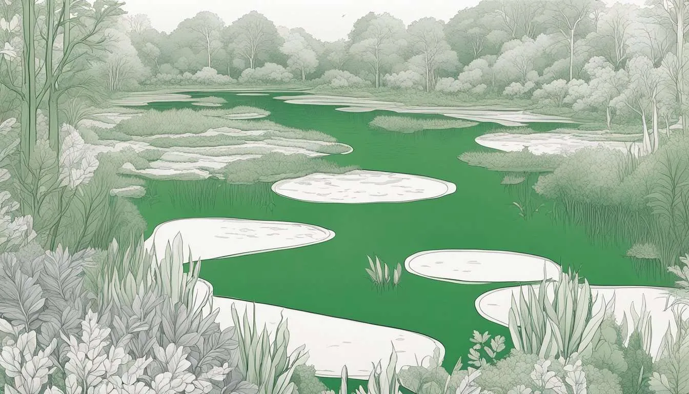 Lush wetland plants absorb and store carbon dioxide, reducing atmospheric carbon. The dense vegetation creates a vibrant green landscape, teeming with life