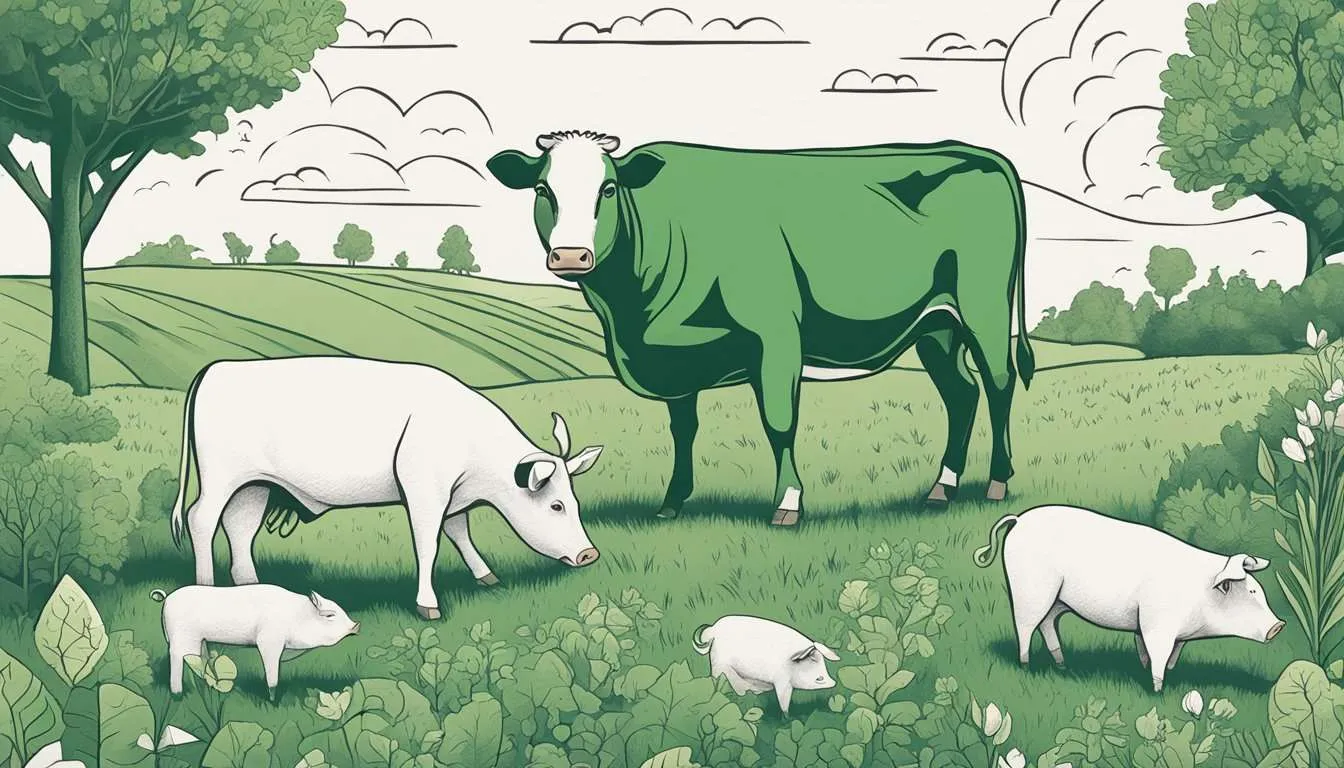 A cow and pigs stand in a field