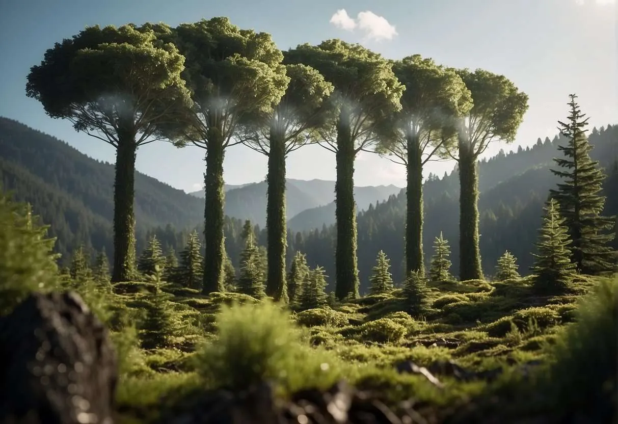 Tall trees with distinctive, umbrella-like canopies tower over a forest floor blanketed in soft moss, with sunlight streaming through the branches.
