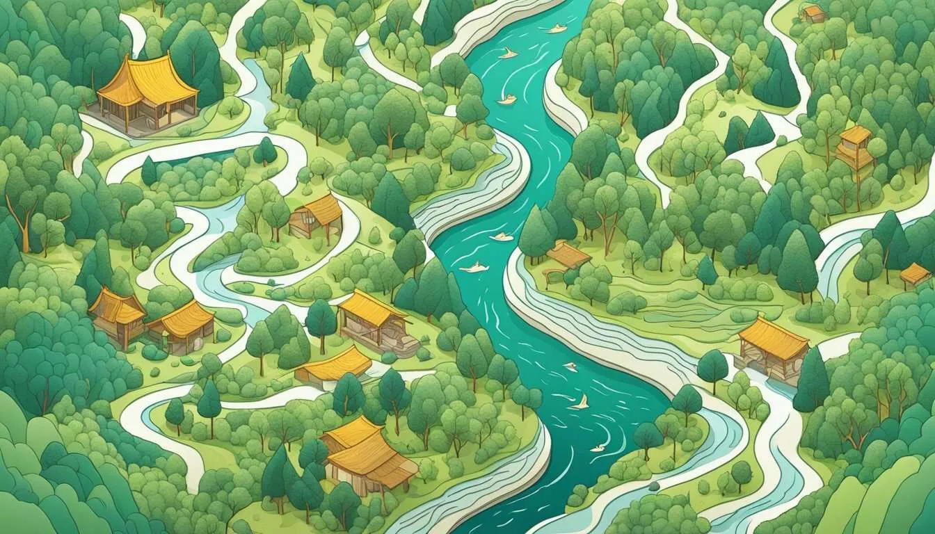 A serene landscape with a flowing river, lush green forest, and diverse wildlife, showcasing the interconnectedness of nature and human livelihoods