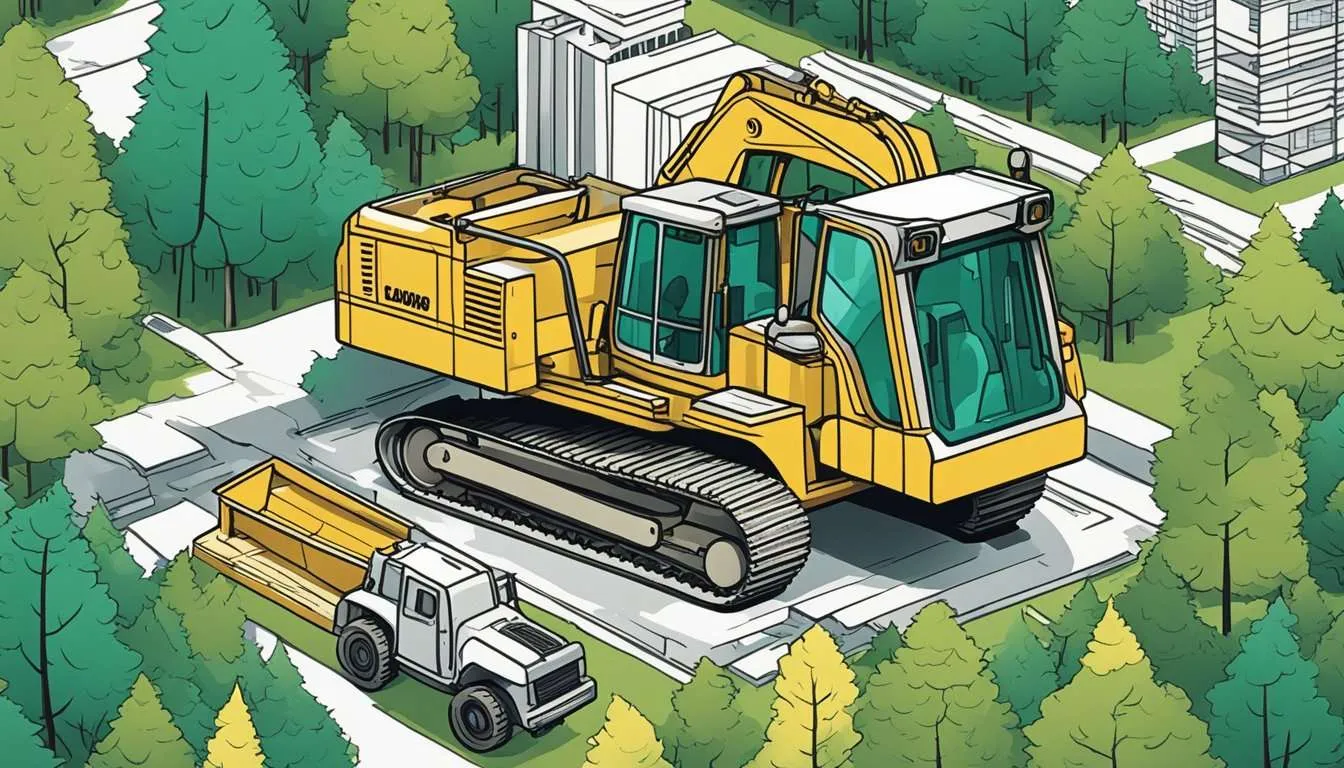A bulldozer clears trees for new roads, while construction equipment and buildings encroach on the surrounding forest