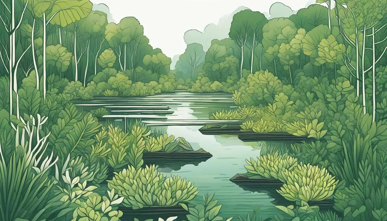 Lush wetland plants absorb carbon, reducing atmospheric CO2. Roots and leaves play a vital role in sequestering carbon from the air