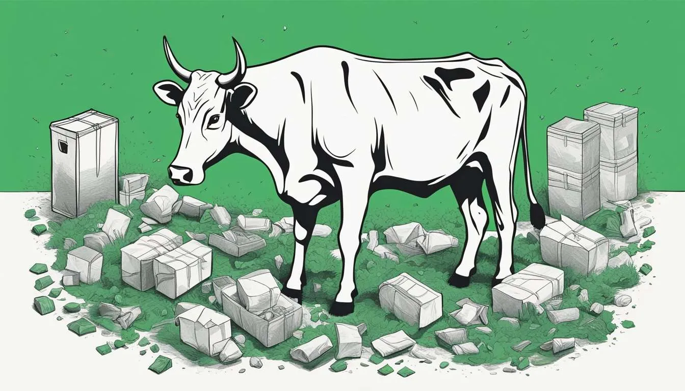 A cow grazing in a barren, deforested landscape, surrounded by discarded packaging and waste