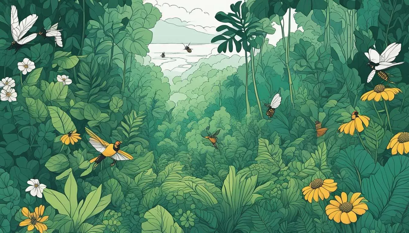 Lush green foliage, colorful flowers, buzzing insects, chirping birds, and crawling insects populate the rainforest floor