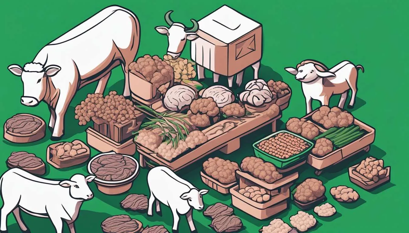 Farm animals surrounding processed meat