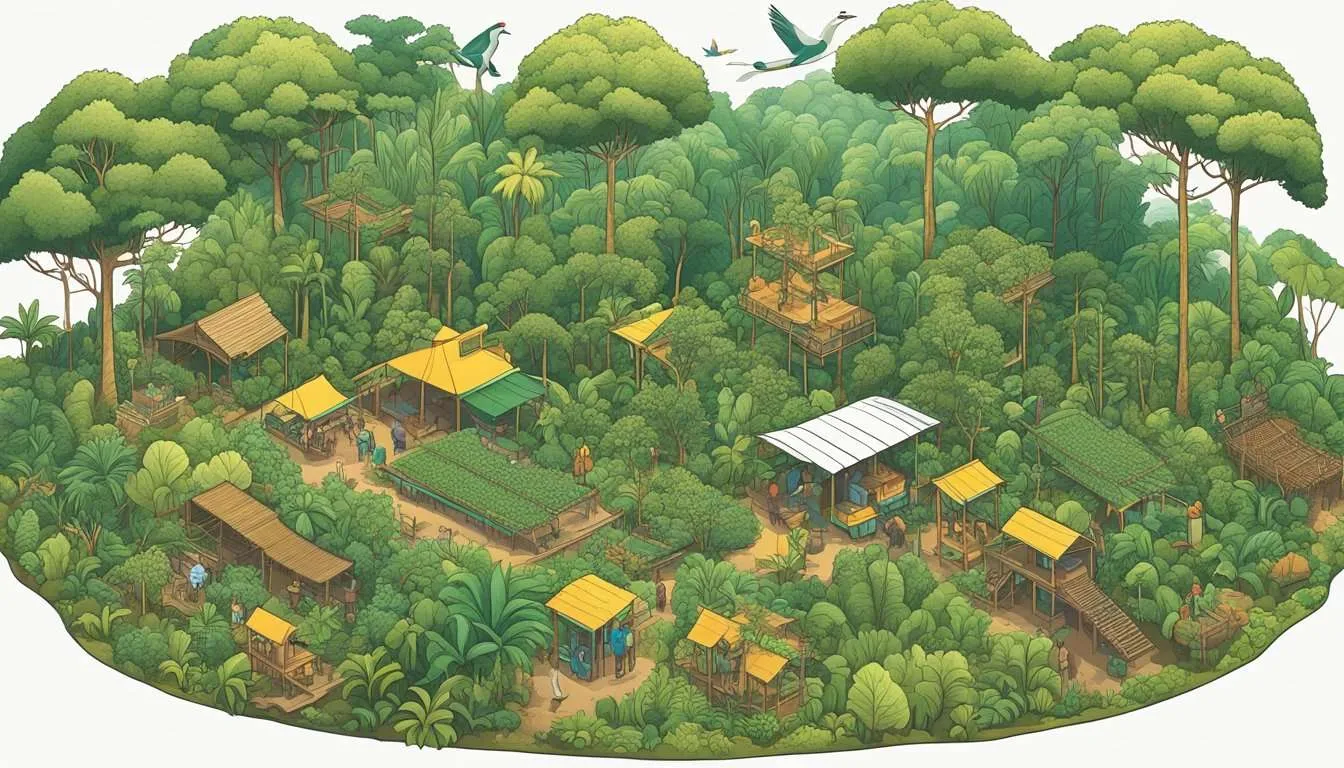 Various conservation efforts in the rainforest: tree planting, wildlife protection, sustainable logging, and eco-tourism. Each activity is depicted in a separate section of the rainforest, showcasing the different methods used to protect this vital ecosystem