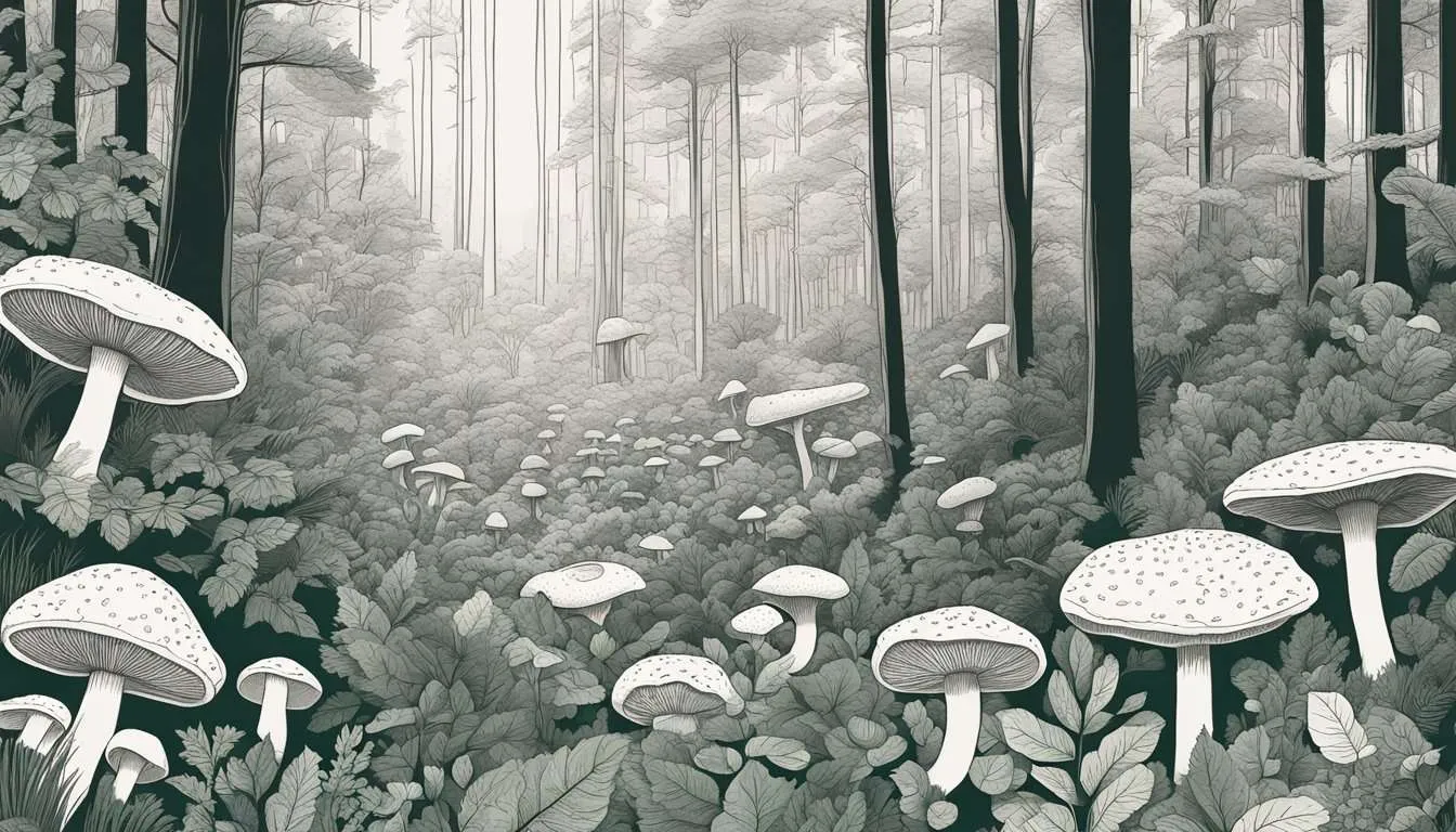 Sunlight filters through the dense forest canopy, highlighting a variety of Non-timber Forest Products (NTFPs) such as mushrooms, berries, and medicinal plants scattered across the forest floor