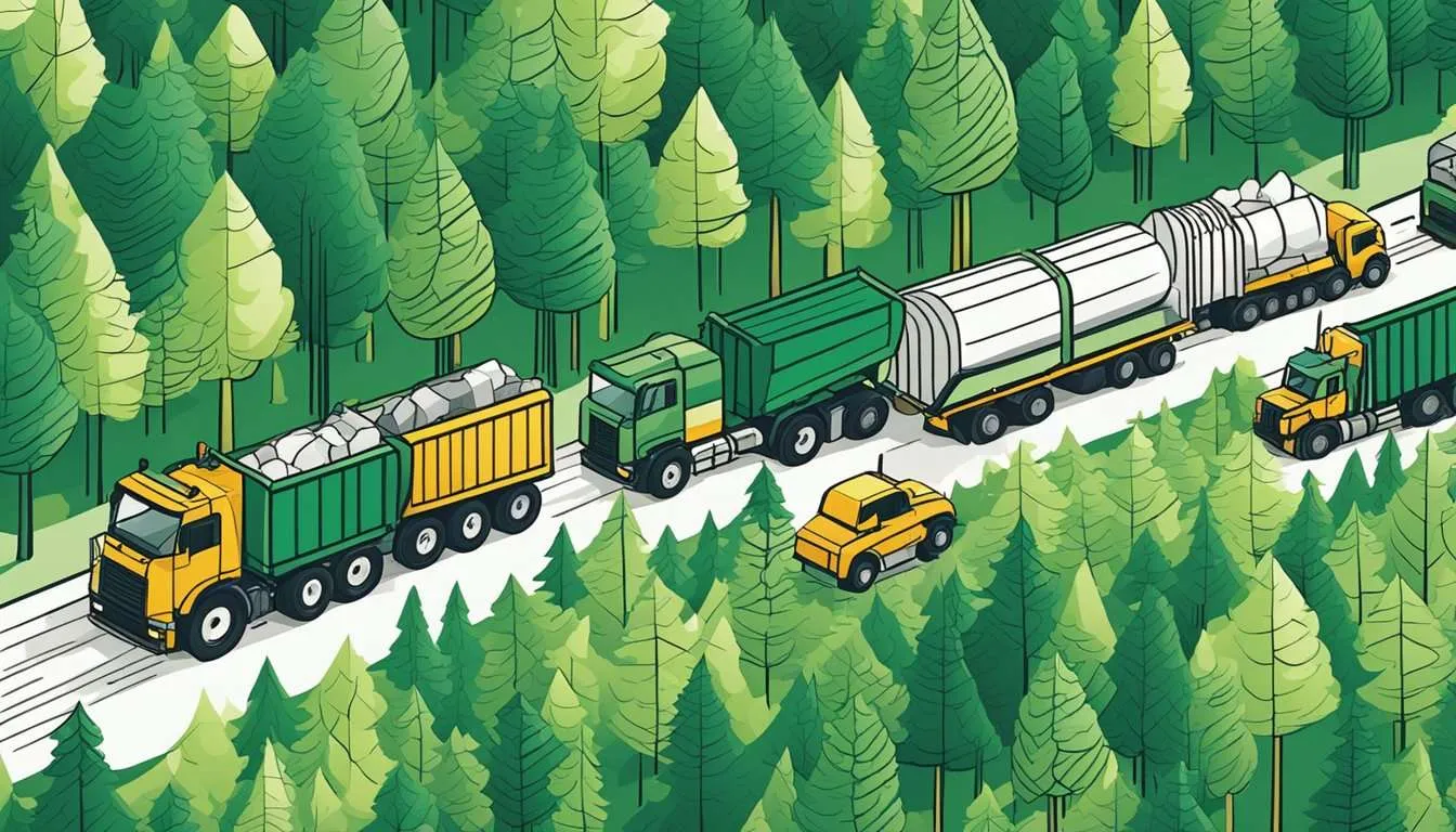 Clearing of trees for roads and buildings, heavy machinery at work, and logging trucks transporting timber from the forest