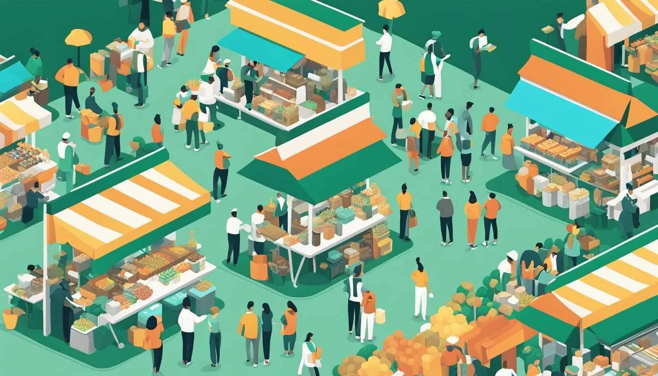A bustling marketplace with diverse NTFPs on display, surrounded by people from various socioeconomic backgrounds engaged in trade and commerce