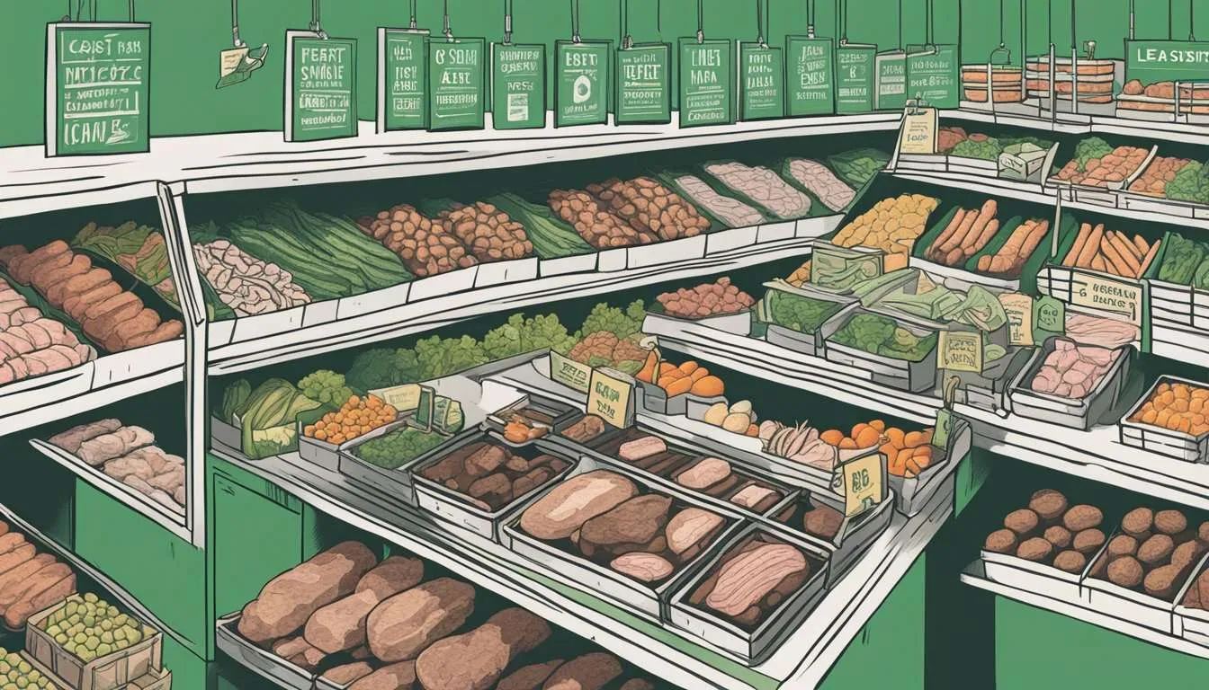 A crowded grocery store aisle with various foods including meat, vegetables and fruit