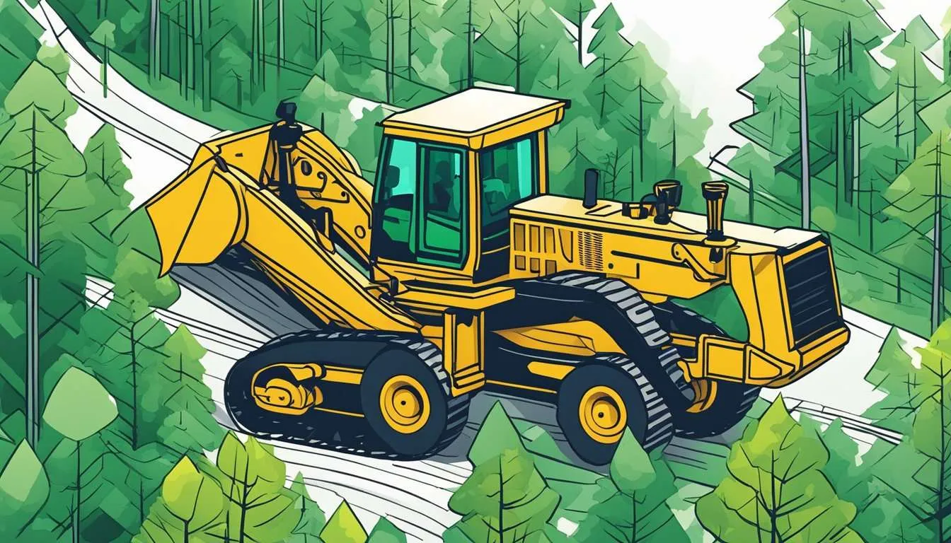 A bulldozer clearing trees for road construction in a forest