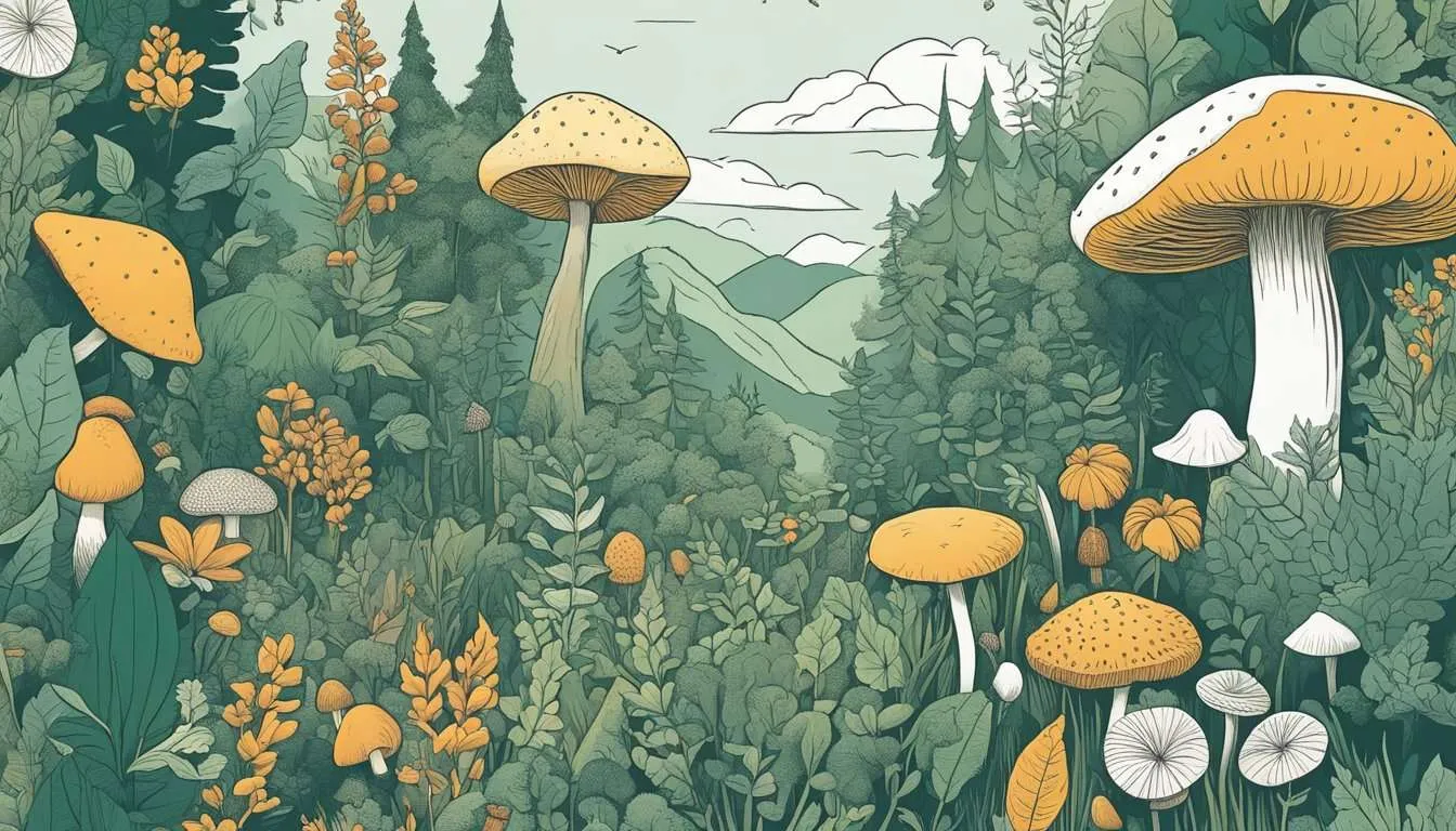 Lush forest with diverse plants and fruits, including enormous mushrooms, berries, and medicinal herbs. Birds fly overhead