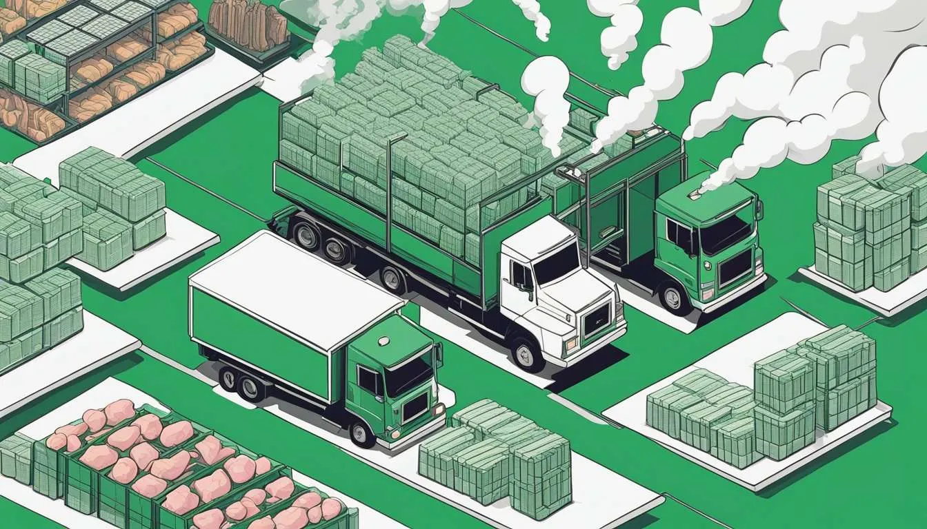 A truck loaded with meat crates drives past a factory emitting smoke