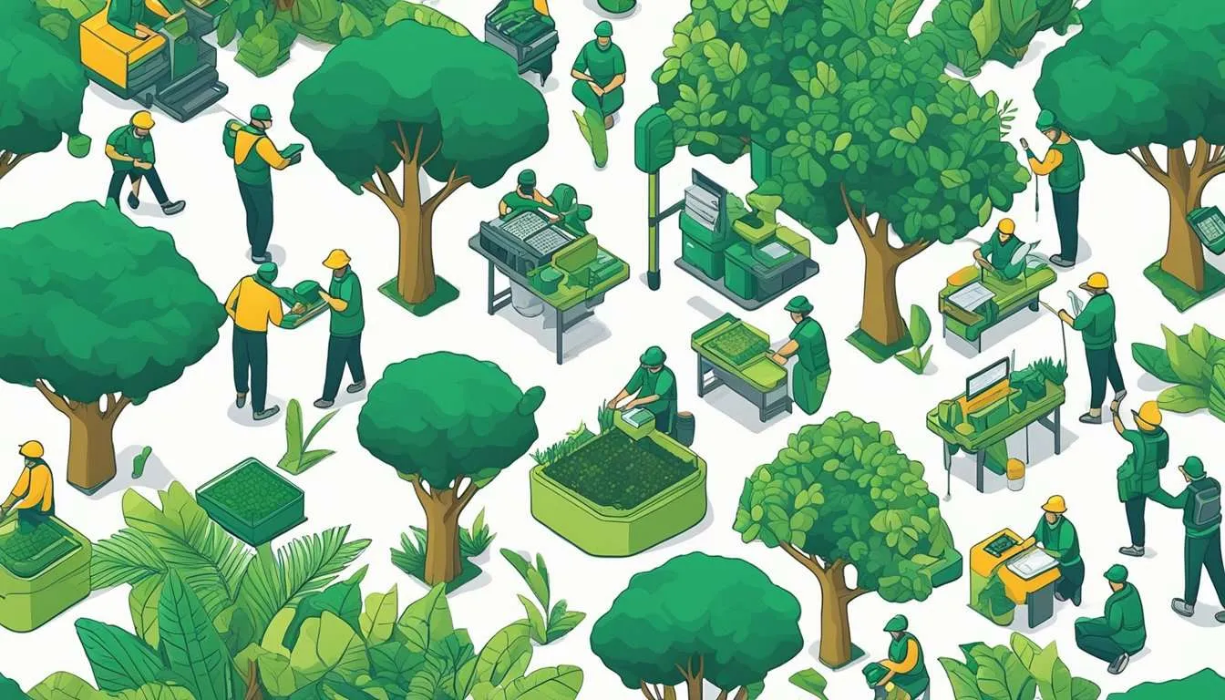 Various conservation efforts in action: tree planting, wildlife monitoring, and sustainable resource management in lush rainforest