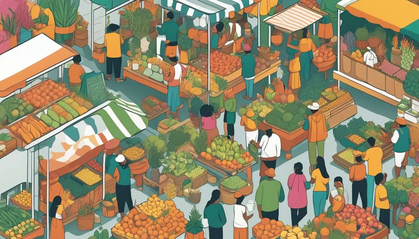 Vibrant market display of NTFPs: colorful fruits, medicinal plants, and artisan crafts. Surrounding community members engaged in trade and conversation