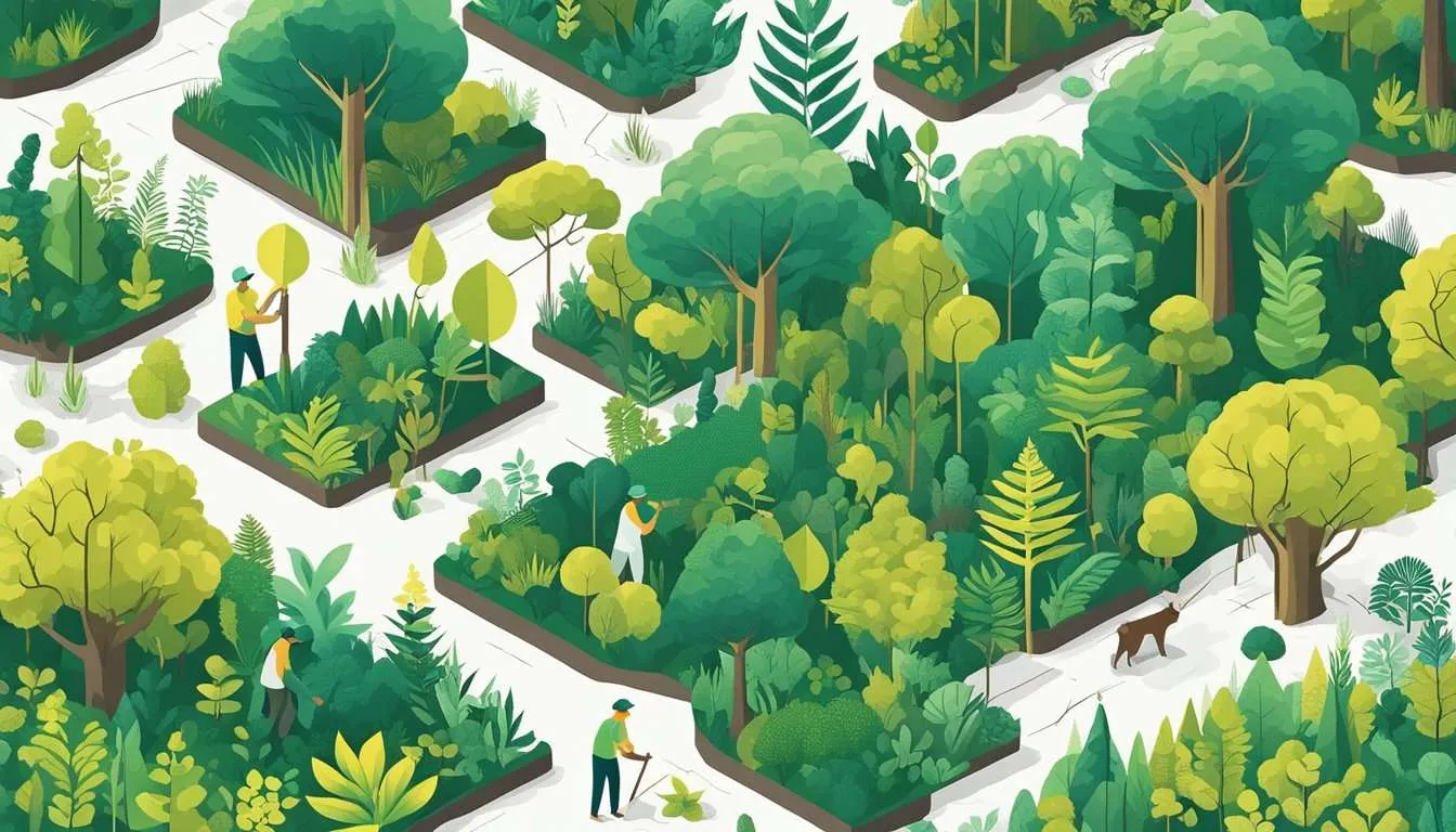 Various conservation methods are shown in action: reforestation, sustainable logging, and wildlife protection. The rainforest thrives with diverse flora and fauna