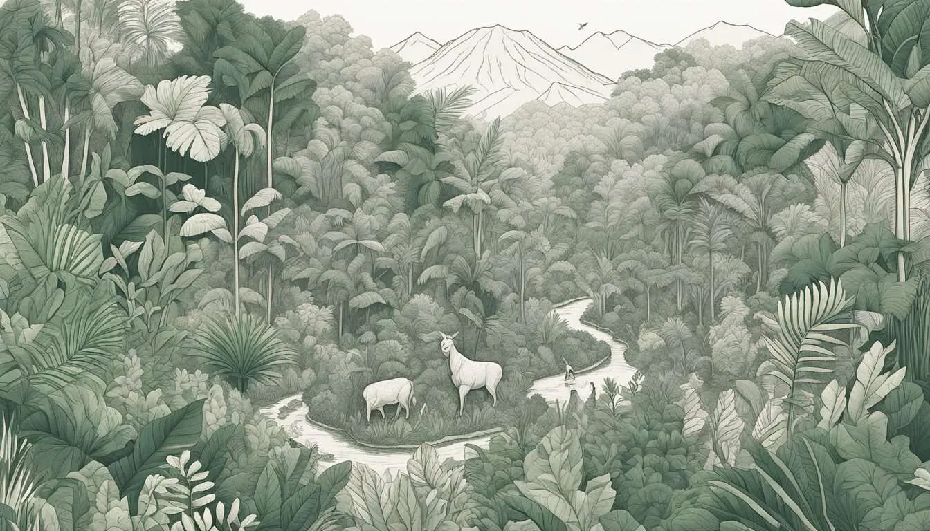 Lush rainforest with diverse plant life and wildlife. Restoration teams planting trees and reforesting areas. Various conservation methods in action