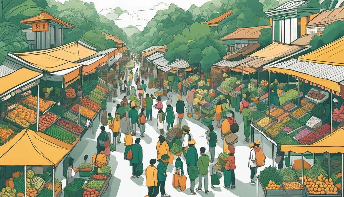 Vibrant market with diverse NTFPs on display; fruits, medicinal plants, and handicrafts traded among bustling vendors and buyers