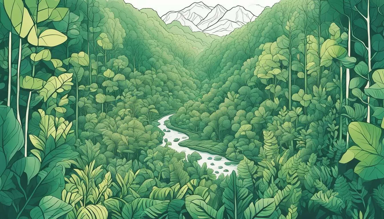 Lush rainforest teeming with life, surrounded by diverse conservation efforts - from reforestation to sustainable harvesting