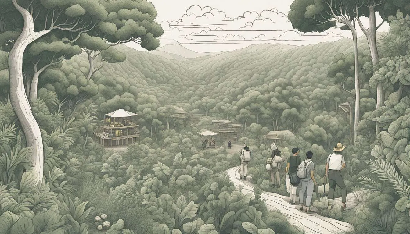 A lush forest teeming with diverse plants and wildlife, with people collecting fruits, nuts, and herbs.