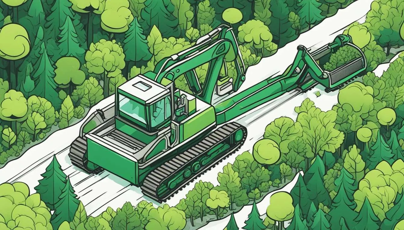 Lush forest being cleared by machines, releasing carbon dioxide