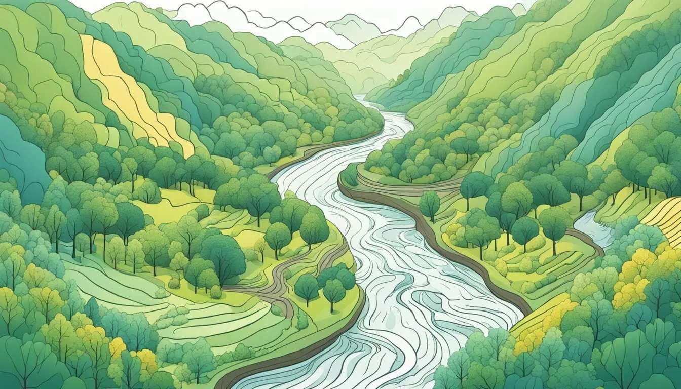 A serene landscape with a flowing river, lush green forests, and diverse wildlife, showcasing the harmonious relationship between nature and human intervention in managing PES