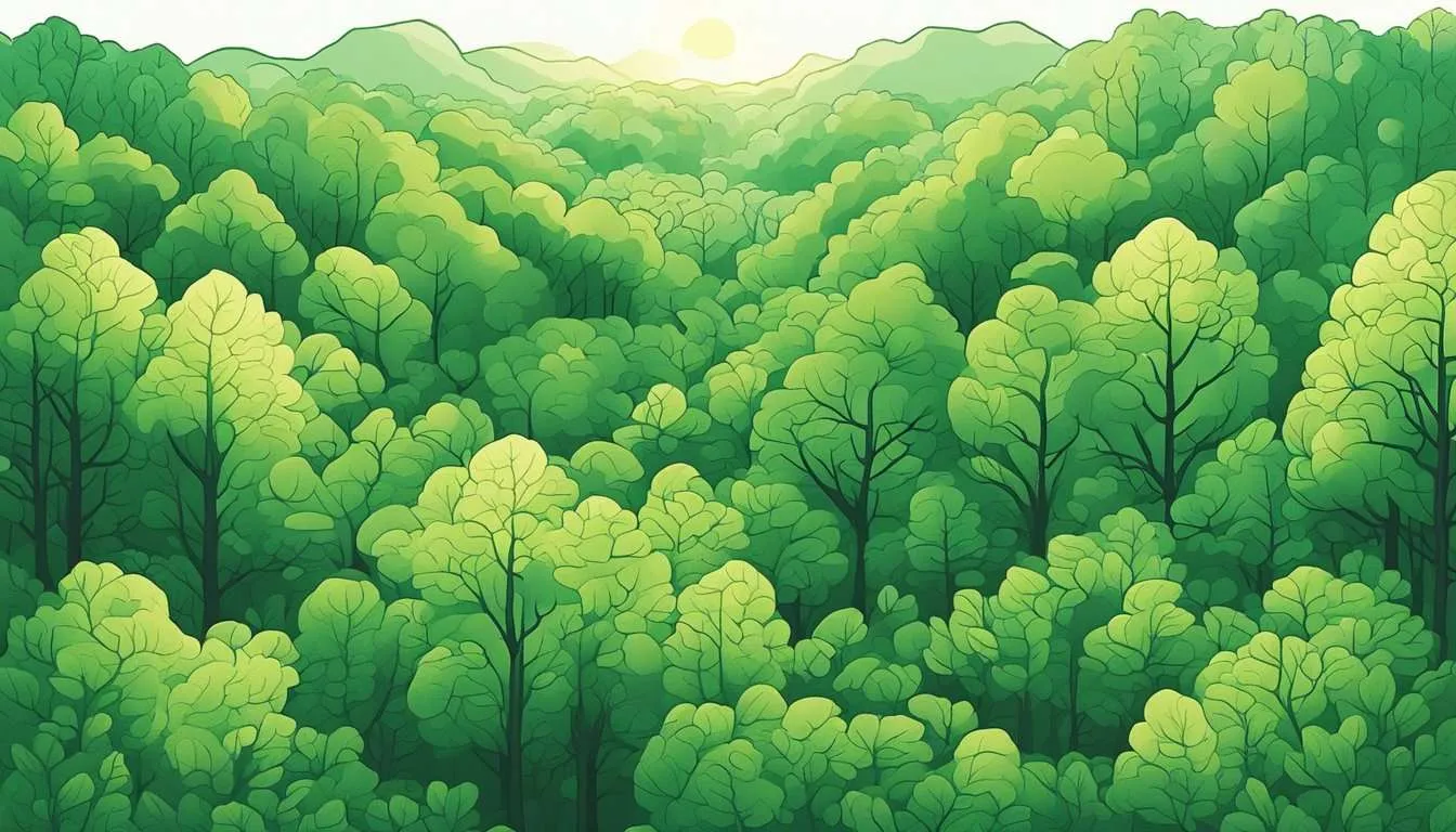 Lush green forest with sunlight filtering through leaves. Trees absorbing carbon dioxide and releasing oxygen. Clear contrast to barren, deforested land