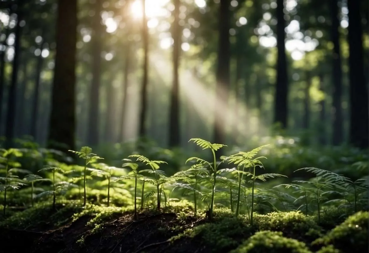 Sunbeams pierce through the canopy of a dense forest, illuminating young, vibrant green ferns and the rich, mossy forest floor.