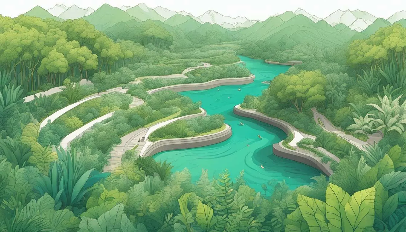 A lush, diverse landscape with vibrant vegetation and clear water bodies undergoing restoration, showcasing the impact of global and local conservation efforts