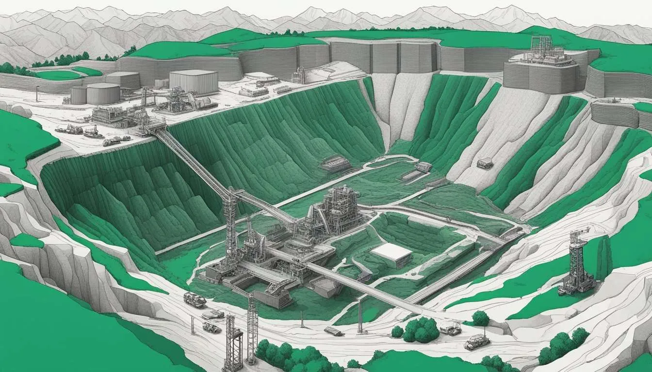 A large open-pit mine with heavy machinery extracting lithium from the earth. Environmental impact visible with deforestation and soil disruption