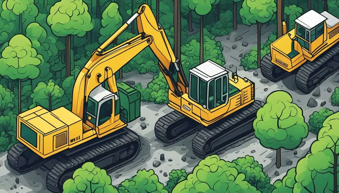 Lush green forest being cleared by heavy machinery, releasing carbon dioxide into the atmosphere, contributing to global warming
