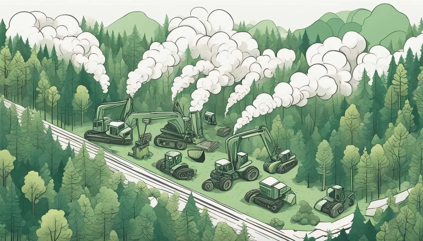A dense forest being cut down with machines, while smoke rises from the cleared land, illustrating deforestation’s impact on global warming